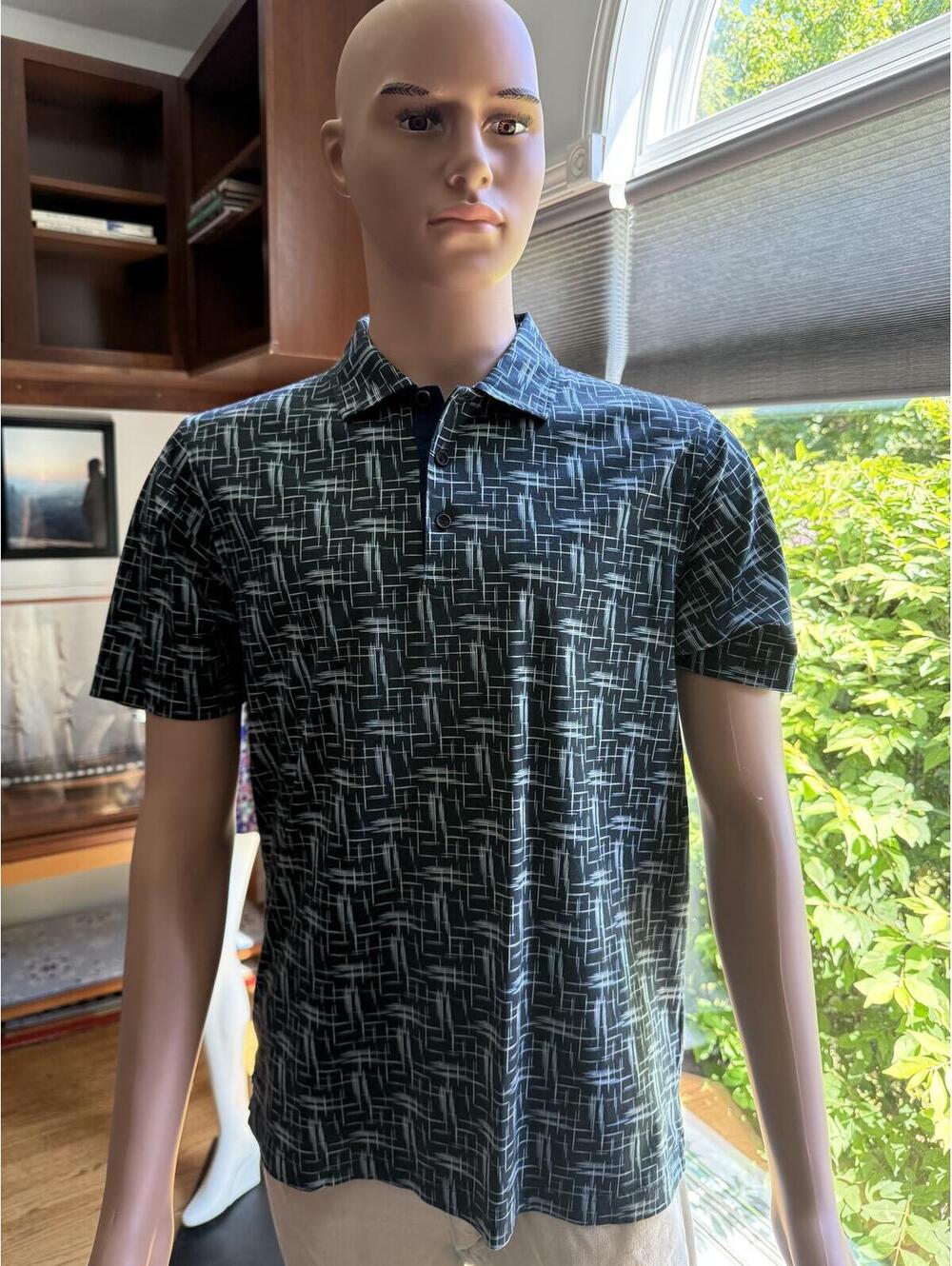 Bugatchi Men’s Polo Shirt Medium Black Blue Geometric Print Stretch
